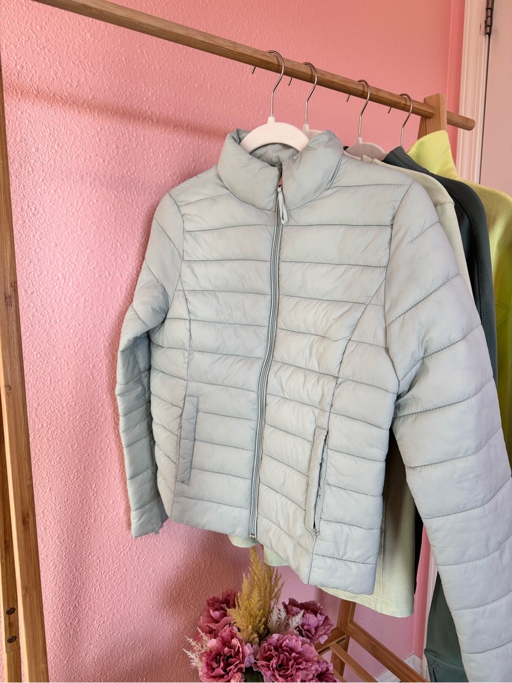 Light Blue Quilted Women's Puffer Jacket with Stand Collar